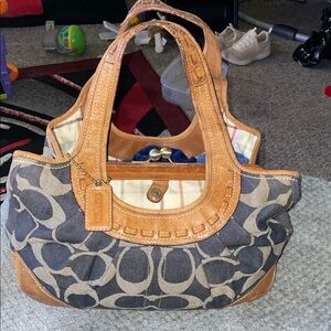 Coach Vintage Ergo 2008 Signature Denim & Tan Leather KISS Lock Shoulder Bag🔥